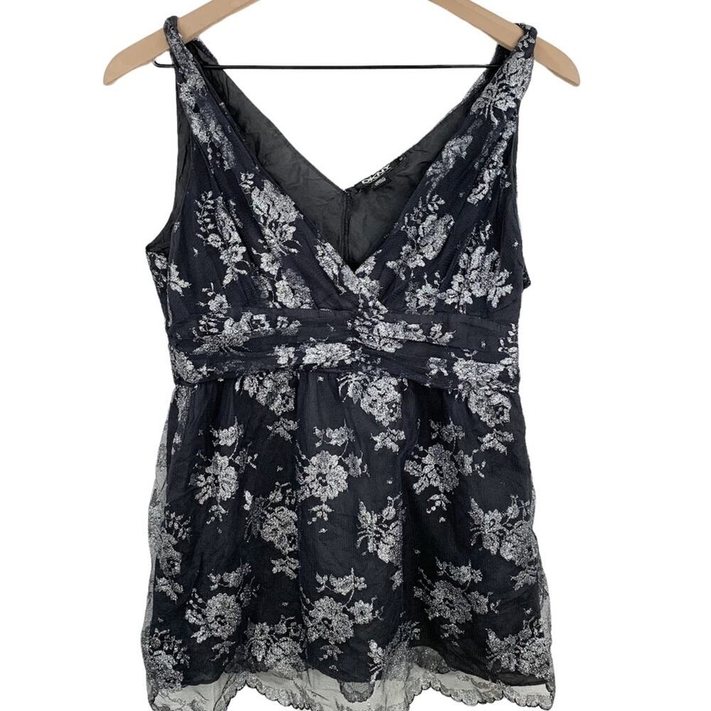 DKNY 90s Metallic Silver Floral Black Lace Sleeveless Babydoll Party Tank Top 12